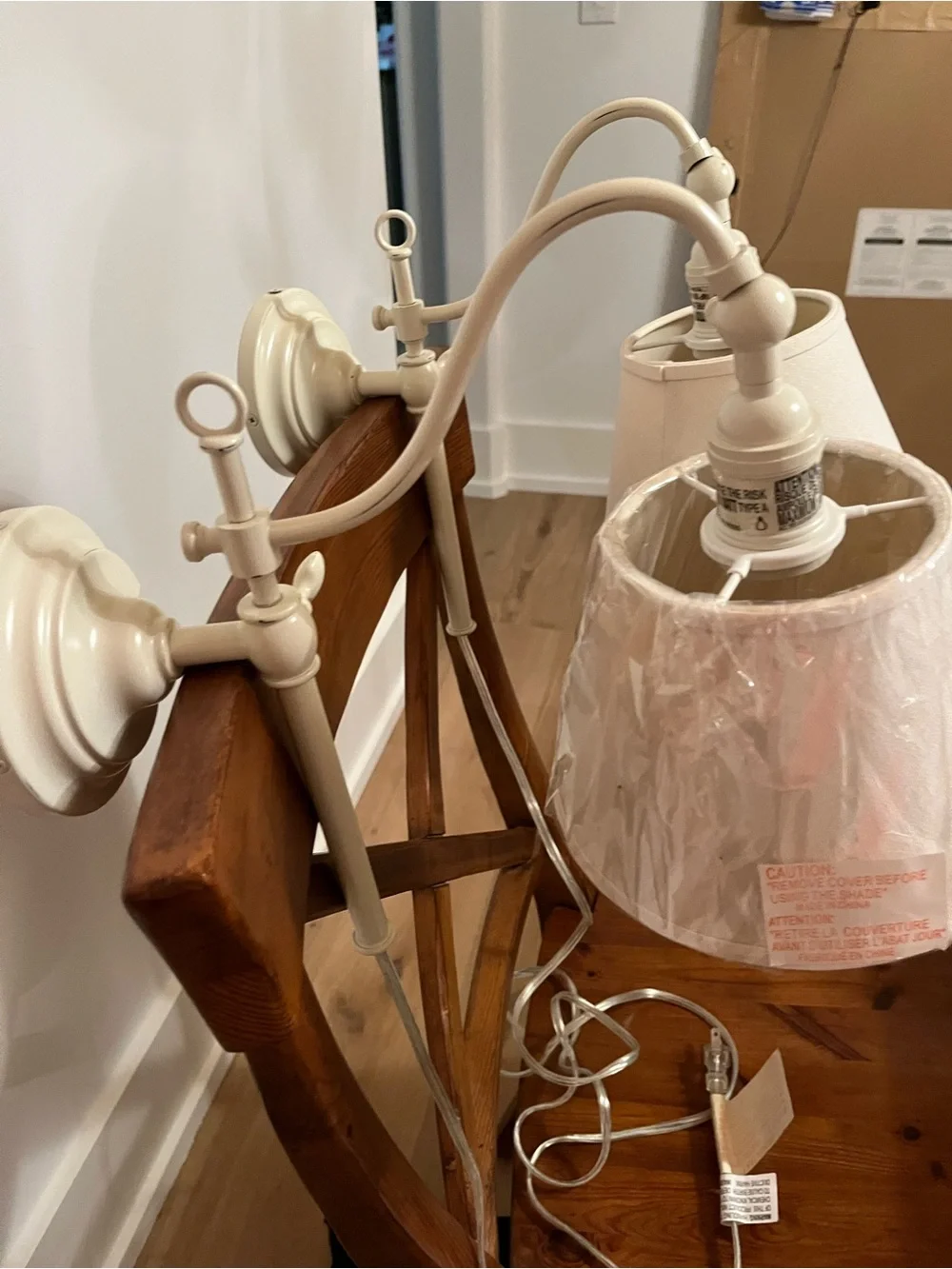 Pottery Barn Cream Metal Adjustable Pair of Wall Sconces & Cream Fabric Shades